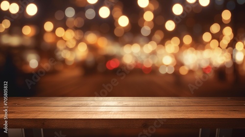 Vintage Wooden Table with Abstract Blurred Background, Creating a Rustic and Minimalist Design for Interior Spaces and Photography Composition.