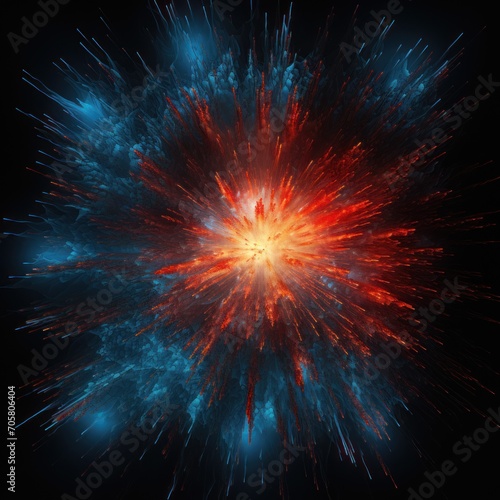 A dynamic artwork capturing the essence of a cosmic explosion with bursts of red and blue  symbolizing the raw power and energy of the universe.