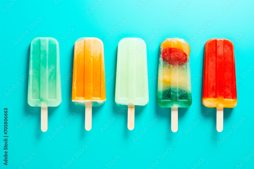 Colorful popsicle pattern on blue background. Top view Colorful popsicle pattern on blue background. Top view