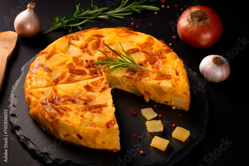 Spanish omelette with potatoes and onion, typical Spanish cuisine on a black concrete background. Tortilla espanola photo