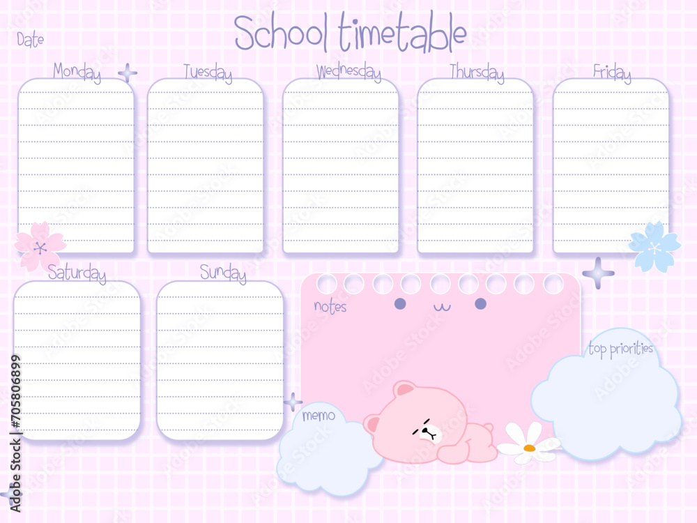 Cute girls school timetable with strawberry, beige, pink, green, magenta, flowers, empty to do list, weekly planer for kid's education, vector reminder ready for print Cute girls school timetable with strawberry, beige, pink, green, magenta, flowers, empty to do list, weekly planer for kid's education, vector reminder ready for print