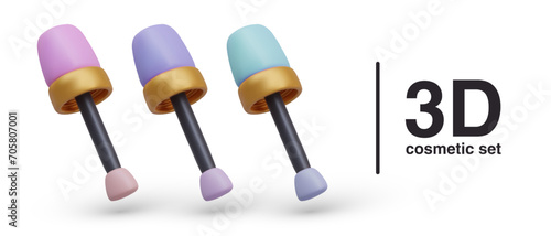 Composition with different applicators for lipstick. Holder in pink, purple, and blue colors with brush. Vector 3d illustration with shadow and place for text