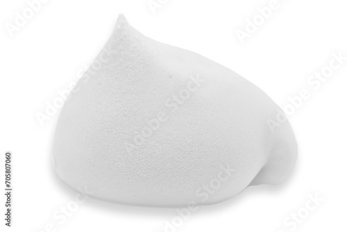White shaving foam on a white background. Soap foam with drop-shaped bubbles. Skin care photo
