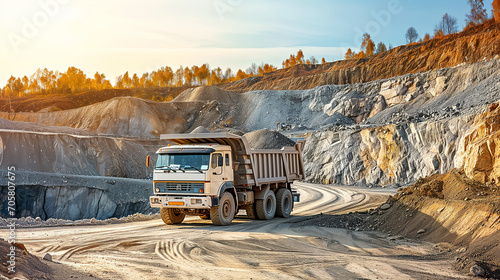 design for construction ad, heavy truck in the quarry. worker, building at digging site. industrial working. blue collar. logistics