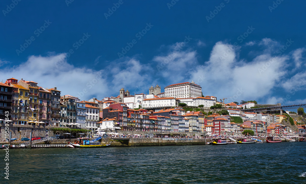 Overview of the Cais da Ribeira, the port district, with its colorful houses and cobbled streets, is one of the most characteristic places in Porto.