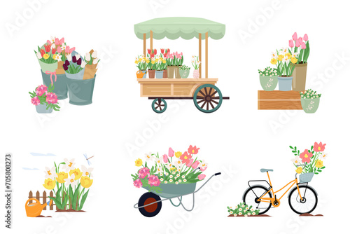 Spring flowers compositions set isolated on white. Flower cart, garden wheelbarrow, cyclist with bouquets. Vector illustrations are suitable for greeting cards, stickers, clothing prints and covers.