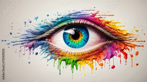 A Brilliant Eye, Splashed in a Carnival of Colors, Paint Bursts Elegantly Frame the Iris, A Vivid Celebration of Art and Vision