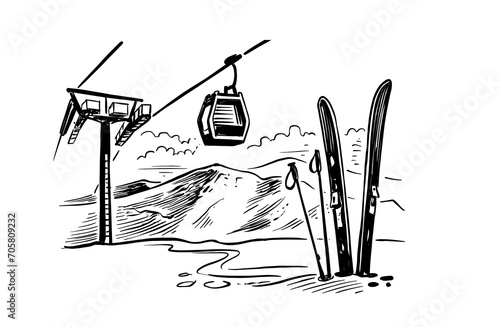 ski resort sketch. Mountain winter lift