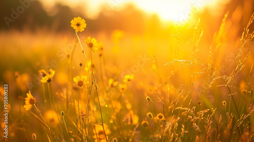 黄色い花の草の草原の柔らかい焦点の夕焼け野原の風景GenerativeAI