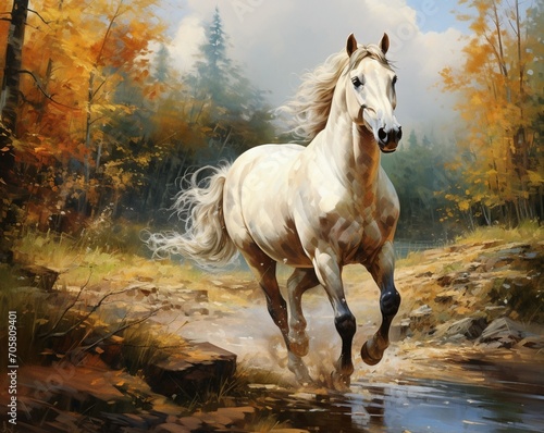 horse  running in a forest  white horse - ai generated