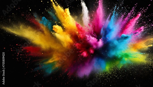 colorful rainbow holi paint color powder explosion black background generative ai