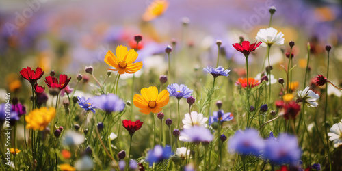 Beautiful colorful wild spring flowers on field, on sunny day
