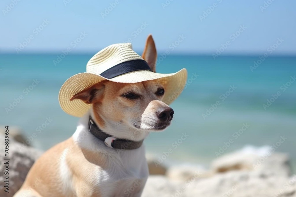 A dog in summer vacation at the beach. Generative AI