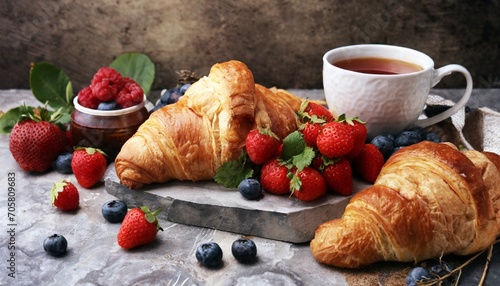 delicious breakfast with fresh croissants and ripe berries on old marble background