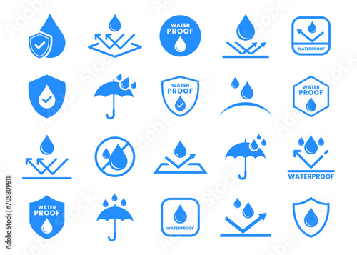 Waterproof icons vector set. Water resistant icons for package. Water drop protection concept.