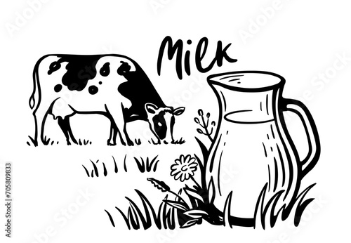 Cow with milk jug drawing. Black sketch