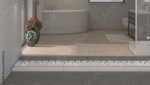 3D Darstellung eines Aufbaus einer Fußbodenheizung mit Dämmung aus Styropor und Heizschlangen im Schnitt eines exemplarischen Badezimmers