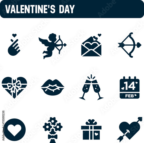 Valentine's day icons. Love and friendship day vector set. Filled icon design. Cupid and heart.
