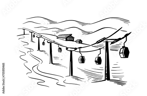 ski resort sketch. Mountain winter lift