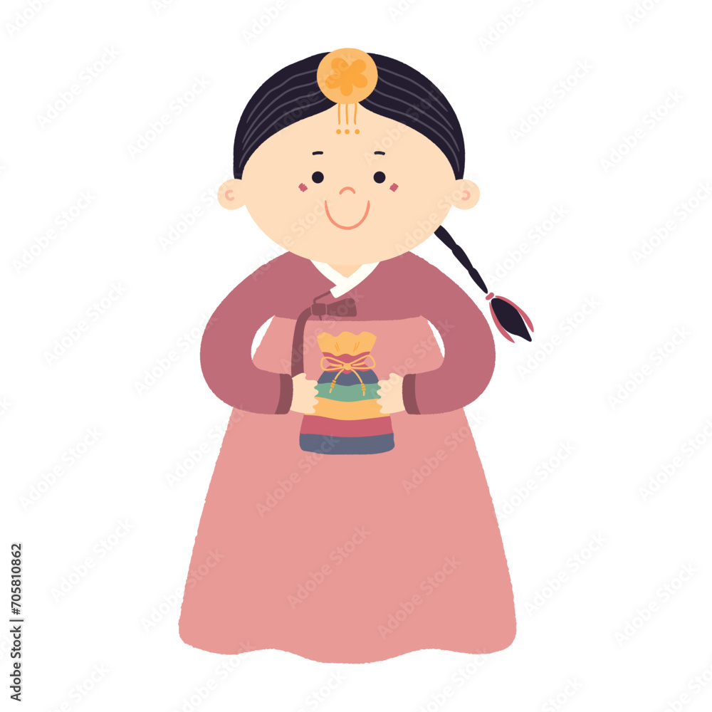 Cute girl in hanbok, holding traditional Korean gift character, isolated. Hand drawn cartoon vector illustration. Flat style design. New Year Seollal, Chuseok holiday card, poster, banner element Cute girl in hanbok, holding traditional Korean gift character, isolated. Hand drawn cartoon vector illustration. Flat style design. New Year Seollal, Chuseok holiday card, poster, banner element