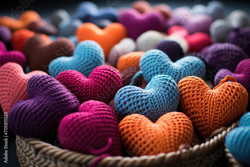 Valentine's Day gift concept for lover. Set of bright multi-colored blue, pink, purple, lilac, peach, red, burgundy, green knitted hearts made of woolen threads on a table in room. Holiday toy