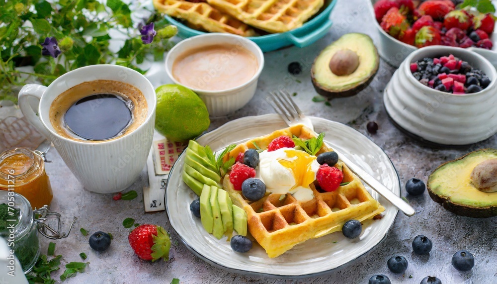 morning breakfast on a table above waffles with cream berries coffee cappuccino bowl omlet with vegetables bread with butter avocado cream vegan food healthy food meal - obrazy, fototapety, plakaty 