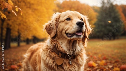 Happy golden retriver dog on Autumn nature background 