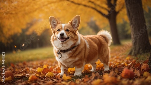 Happy Corgi dog on Autumn nature background 