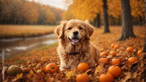 Happy golden retriver dog on Autumn nature background  photo