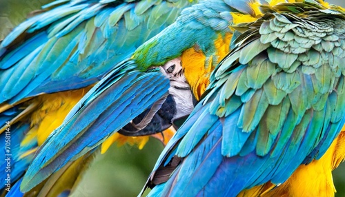 close up of beautiful bird feathers of blue and yellow macaw exotic natural textured background in different blue colors and yellow lagoa das araras mato grosso brazil photo