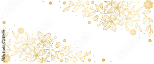 Luxury floral botanical on transparent background vector. Elegant gold line wallpaper floral, flowers, leaves, foliage, branches in hand drawn. Golden blossom frame design