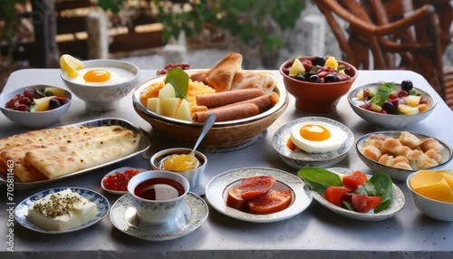 turkish breakfast with various plates on a table