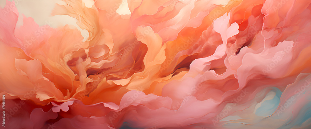 Vivid coral blooms, fluid art style. Peach fuzz abstract background. Soft peach tones, abstract petals. Elegant floral swirls, pastel shades