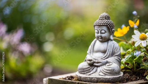 a closeup of a small buddha statue in a garden with a blurry background