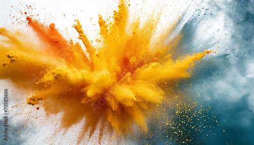 bright yellow orange holi paint color powder festival explosion burst white background industrial print concept background