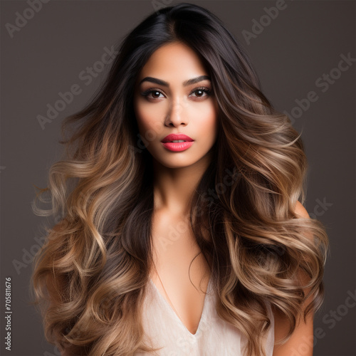 Portrait of a beautiful young woman, model with long wavy hair demonstrating coloring. Grey background. 