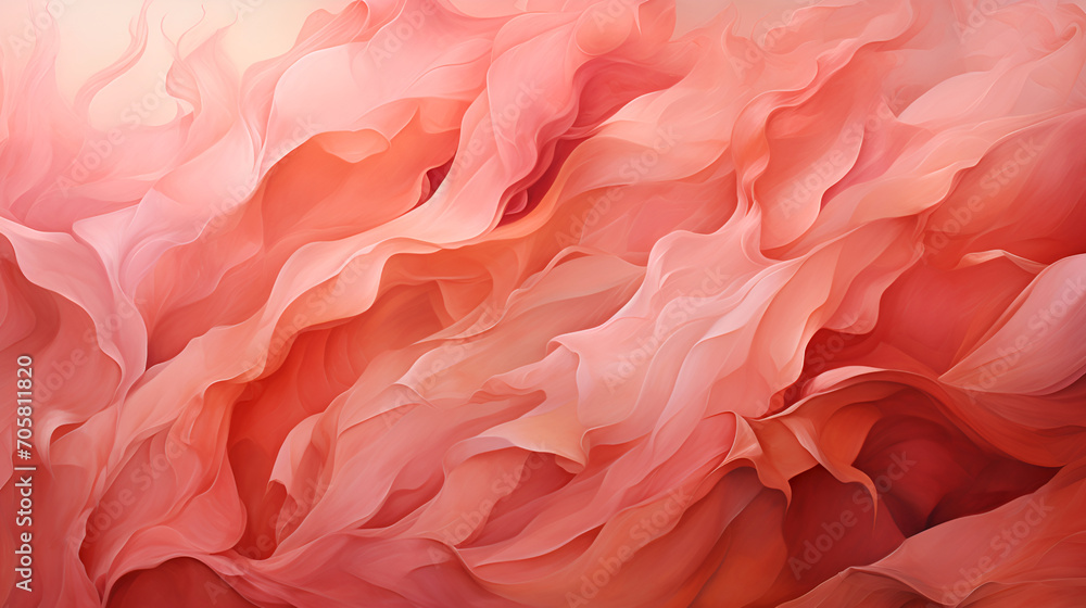 Soft coral waves, abstract beauty. Peach petals flow, artistic touch. Abstract peach fuzz background with ethereal blush folds and fluid lines