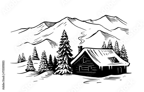 Winter landscape sketch. Wood cabin landscape