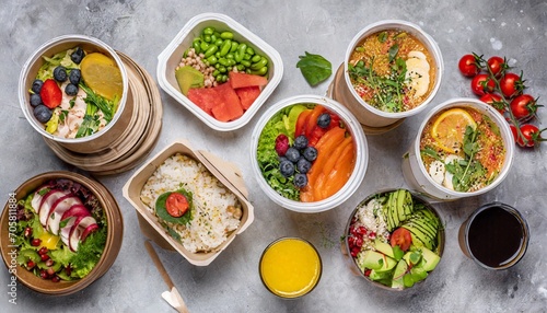 healthy take away food and drinks in disposable eco friendly paper containers on gray background top view fresh salad soup poke bowl buddha bowl fruits coffee and juice generative ai photo