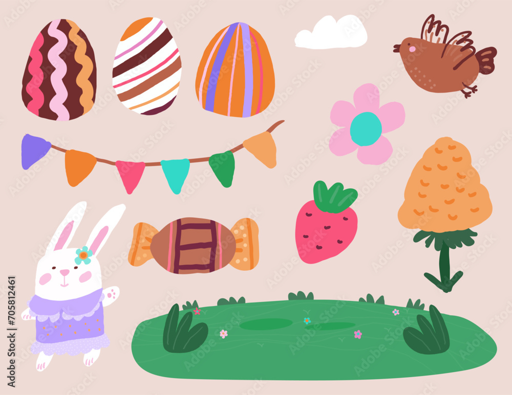 Fototapeta premium Easter isolated hand drawn design elements vector set