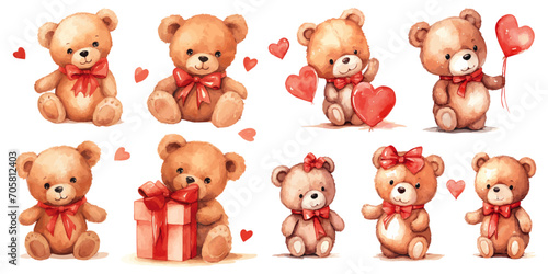 set of teddy bears with red hearts for valentine