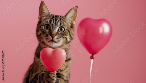 Cute cat holding in paws heart-shaped balloon in photostudio. Valentines day