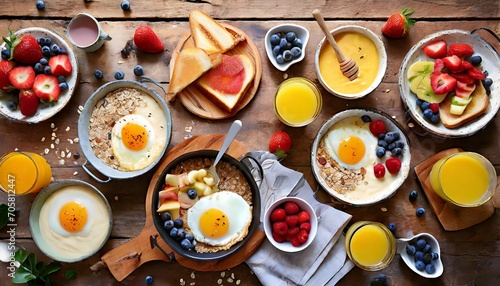 healthy breakfast table scene with fruit yogurts oatmeal smoothie nutritious toasts and egg skillet top view over a wood background photo