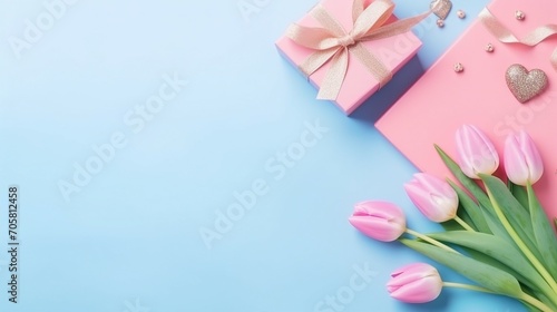 Celebrate Mothers Day with a Heartfelt Surprise: Top View Photo of a Blue Gift Box, Symbolizing Love, Joy, and Meaningful Connections Between Mother and Child. © Sunanta