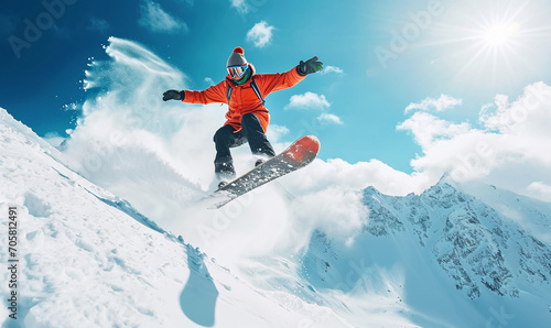 Snowboarder in the mountains in a jump the sun flies beautiful nature 