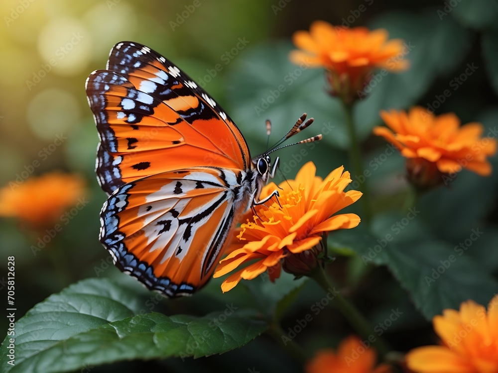 photo closeup shot of a beautiful butterfly with interesting textures on an orange flower photo closeup shot of a beautiful butterfly with interesting textures on an orange flower