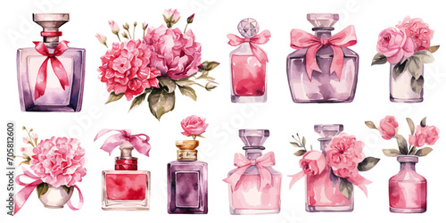 set of purple flowers and perfumes