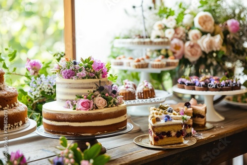 Various types of cake on a table with copy space.