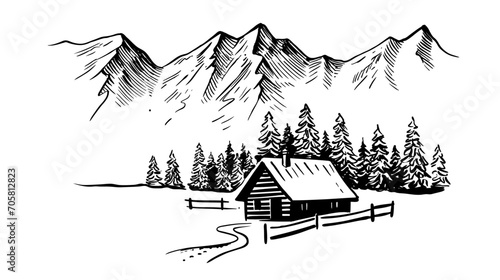Winter landscape sketch. Wood cabin landscape photo
