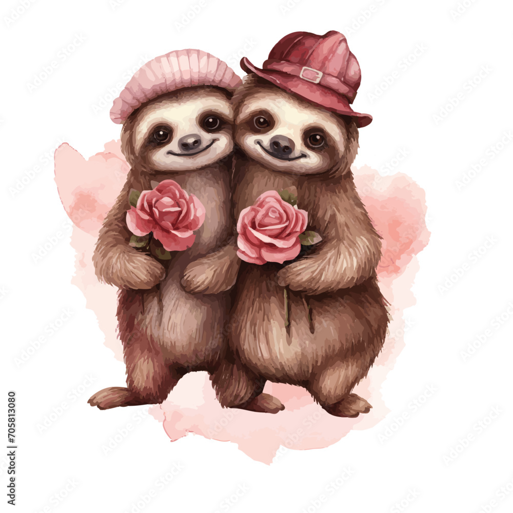 Obraz premium love couple sloths holding roses in hands